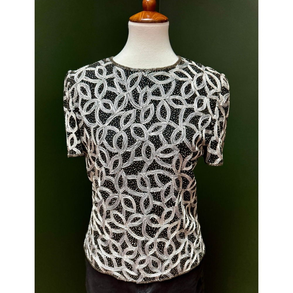Vintage Nite Line Della‎ Roufogali Black and Silver Beaded Top Women's Size M